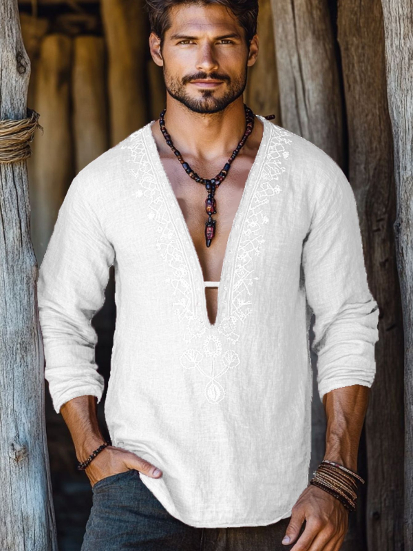 Férfi alkalmi hosszú ujjú ing Nyári Könnyű Lélegző Lezser Dizájn Sense Personality Férfi felső V-nyakú