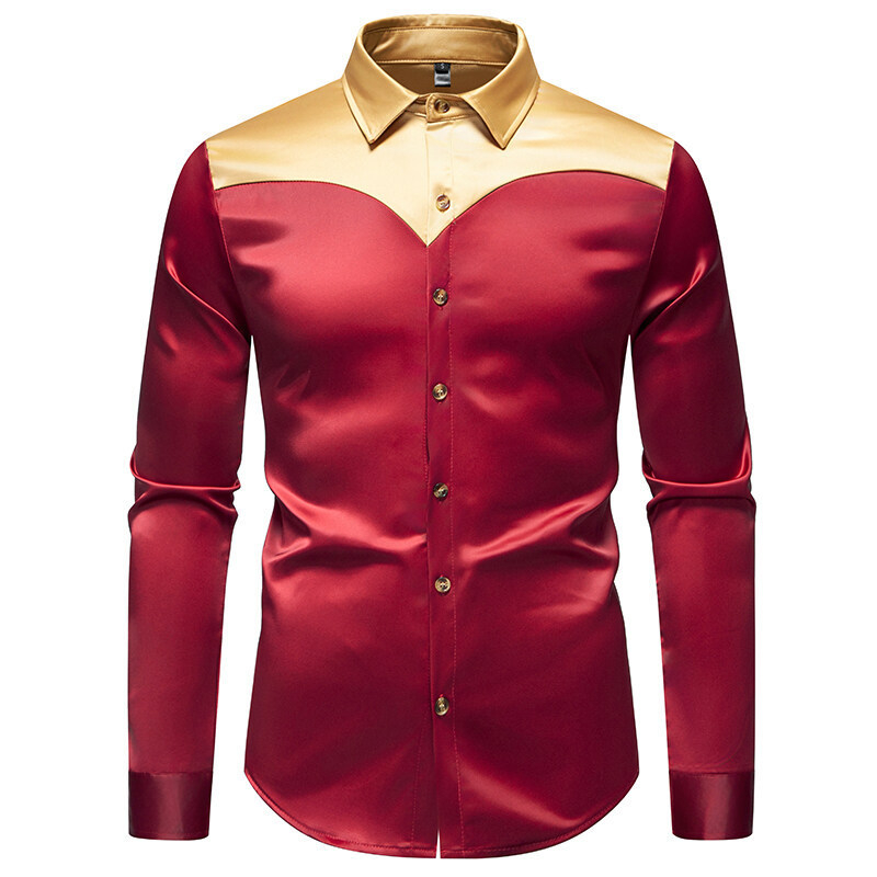 Crossborder 2025 tavaszi Amazon új férfi szatén selymes színben illő hosszú ujjú plus size casual ing