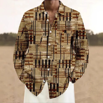 Ανδρικό Πουκάμισο Πολύχρωμο με Στοιχεία Σχέδιου και Μακρυμάνικο Μπλούζα με Στάμπα Κουμπιών Ξεχωριστό Καθημερινό Casual Μοντέρνο Ανδρικό Πουκάμισο