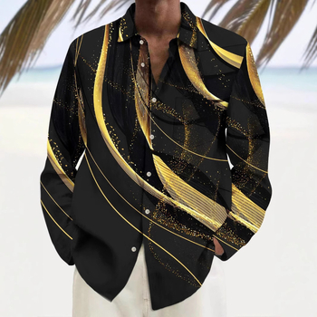 Ανδρικό Πουκάμισο Πολύχρωμο με Στοιχεία Σχέδιου και Μακρυμάνικο Μπλούζα με Στάμπα Κουμπιών Ξεχωριστό Καθημερινό Casual Μοντέρνο Ανδρικό Πουκάμισο