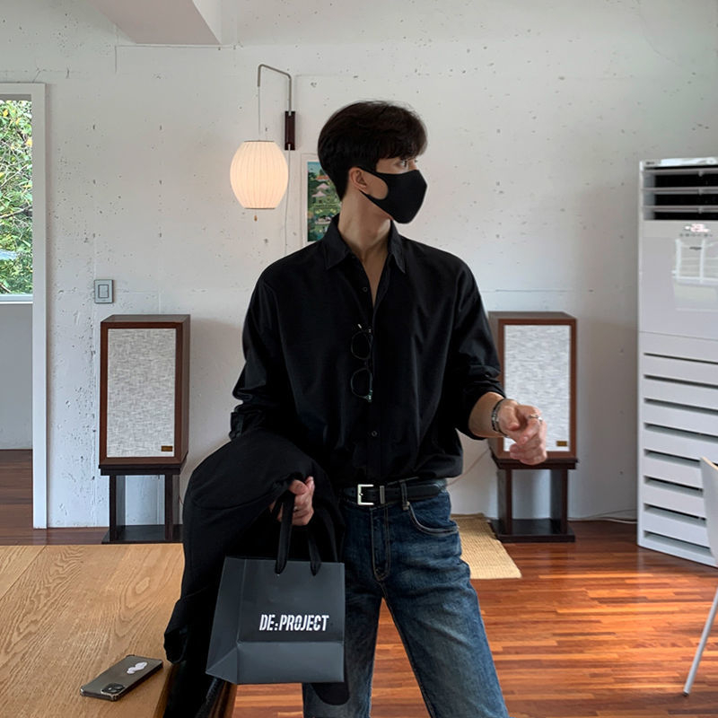 Myq Muška košulja dugih rukava, jesenja široka košulja u korejskom stilu, luksuzna košulja od inča, ležerna košulja u čistoj boji s motivom starog novca