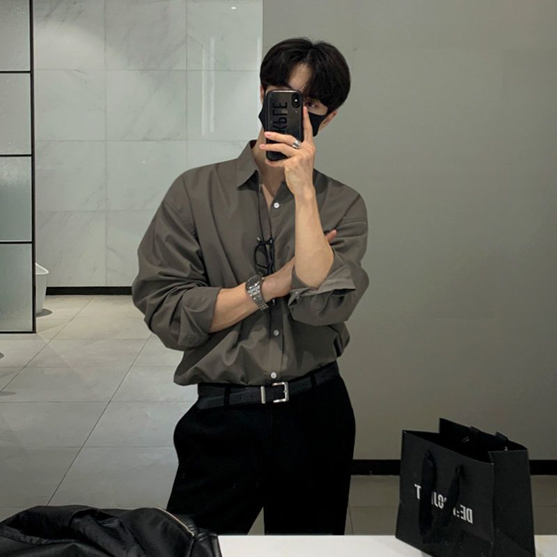 Myq Muška košulja dugih rukava, jesenja široka košulja u korejskom stilu, luksuzna košulja od inča, ležerna košulja u čistoj boji s motivom starog novca