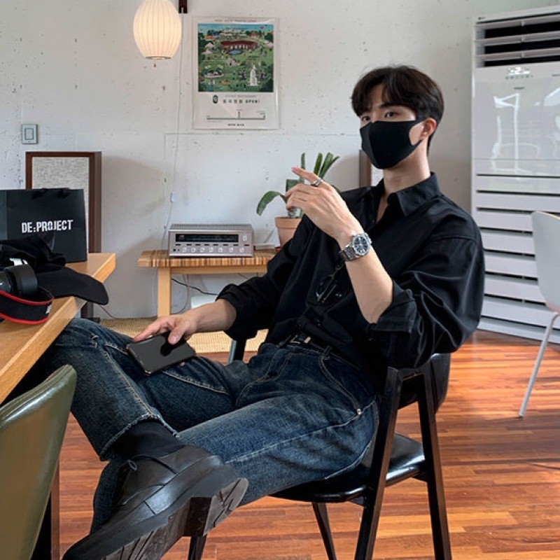 Myq Muška košulja dugih rukava, jesenja široka košulja u korejskom stilu, luksuzna košulja od inča, ležerna košulja u čistoj boji s motivom starog novca