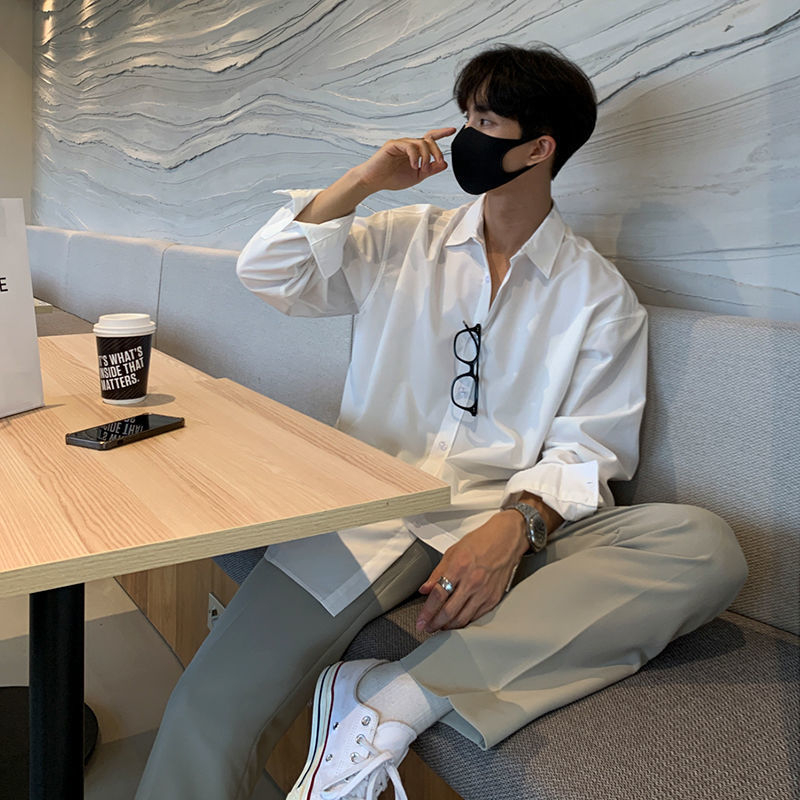 Myq Muška košulja dugih rukava, jesenja široka košulja u korejskom stilu, luksuzna košulja od inča, ležerna košulja u čistoj boji s motivom starog novca