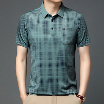 Luxus nyári új jégselyem középkorú férfi csíkos rövid ujjú póló hajtókás póló üzleti férfi póló felső