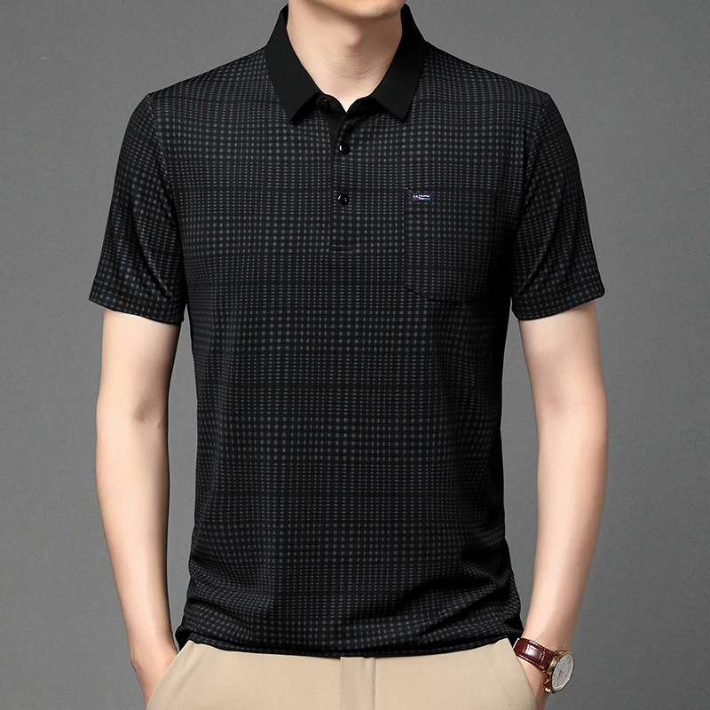 Luxus nyári új jégselyem középkorú férfi csíkos rövid ujjú póló hajtókás póló üzleti férfi póló felső