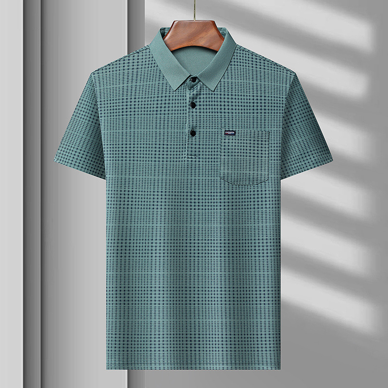 Luxus nyári új jégselyem középkorú férfi csíkos rövid ujjú póló hajtókás póló üzleti férfi póló felső