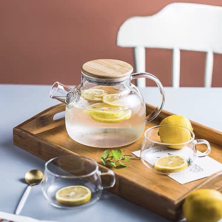 Gyárilag foltos, nagy boroszilikát üvegből készült, nagy kapacitású bambusz fedéllel ellátott hideg vízforraló, háztartási fűthető virágtea-főző, friss gyümölcslé-készítő vízforraló