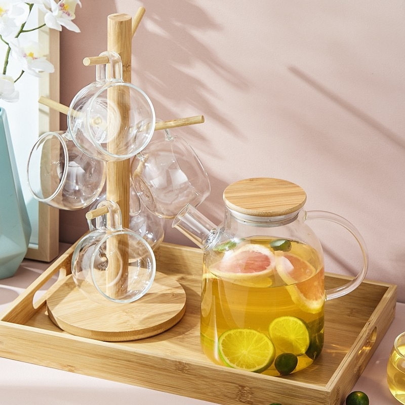 Gyárilag foltos, nagy boroszilikát üvegből készült, nagy kapacitású bambusz fedéllel ellátott hideg vízforraló, háztartási fűthető virágtea-főző, friss gyümölcslé-készítő vízforraló