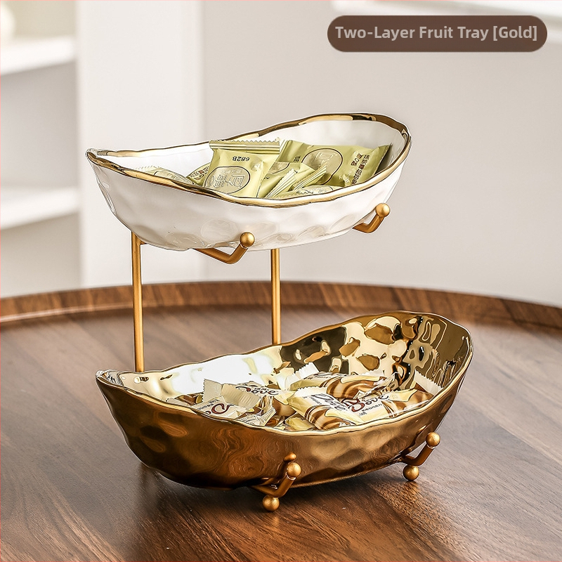 Lengva prabangi keraminė vaisių lėkštė, buitinė, aukštos spalvos daugiasluoksnė vaisių lėkštė, 2024 m. nauja galvanizavimo technologija „Yuanbao“ džiovintų vaisių lėkštė