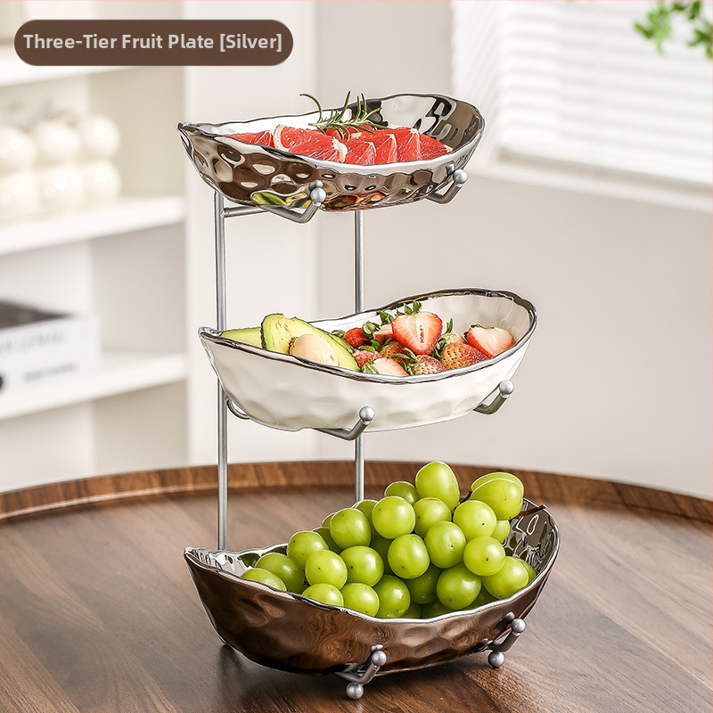 Lengva prabangi keraminė vaisių lėkštė, buitinė, aukštos spalvos daugiasluoksnė vaisių lėkštė, 2024 m. nauja galvanizavimo technologija „Yuanbao“ džiovintų vaisių lėkštė