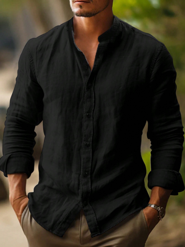 Bărbați, cămașă casual cu mânecă lungă, culoare solidă, guler înalt, cu nasturi, comerț exterior transfrontalier, en-gros