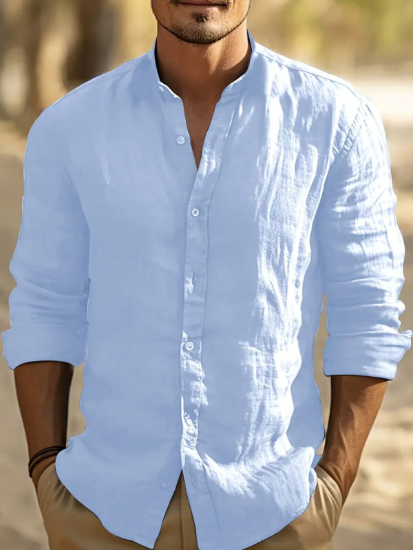 Bărbați, cămașă casual cu mânecă lungă, culoare solidă, guler înalt, cu nasturi, comerț exterior transfrontalier, en-gros