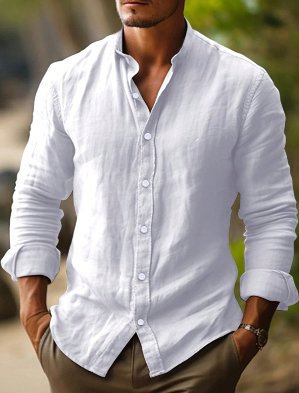 Bărbați, cămașă casual cu mânecă lungă, culoare solidă, guler înalt, cu nasturi, comerț exterior transfrontalier, en-gros
