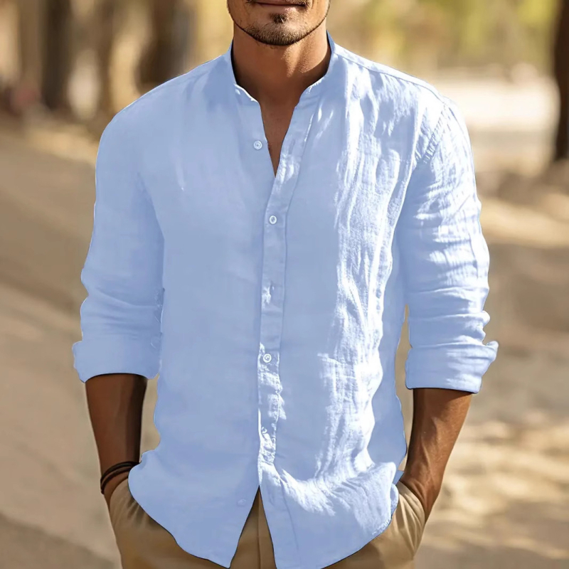 Bărbați, cămașă casual cu mânecă lungă, culoare solidă, guler înalt, cu nasturi, comerț exterior transfrontalier, en-gros