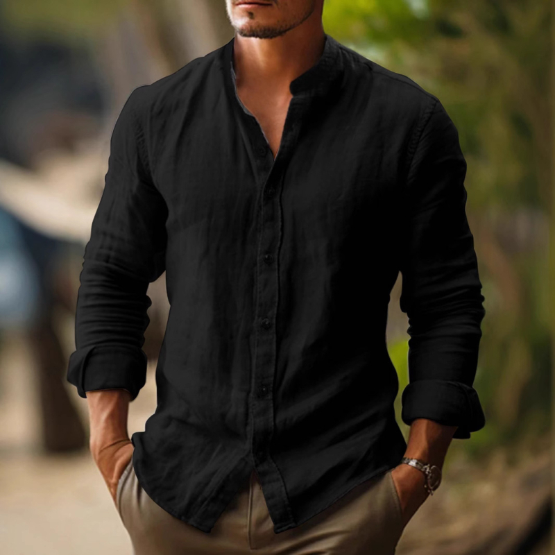 Bărbați, cămașă casual cu mânecă lungă, culoare solidă, guler înalt, cu nasturi, comerț exterior transfrontalier, en-gros