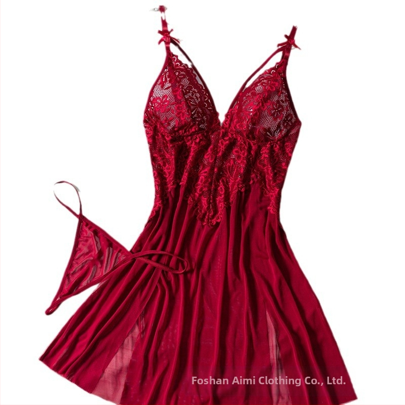 Секси бельо Cross-border Explosions, дамска нощница от мрежа, червена дантела, бродирана, секси пижама слинг 24015