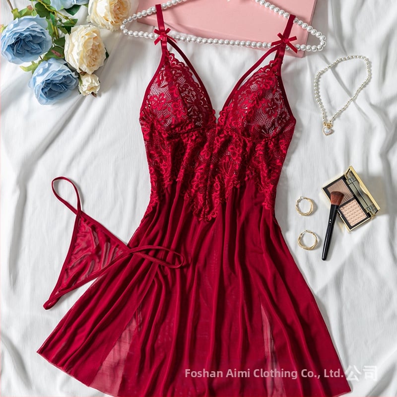 Σέξι γυναικείο νυχτικό με κόκκινη δαντέλα και κεντημένη σέξι πιτζάμα Cross-border Explosions, καλοκαιρινό εσώρουχο, 24015