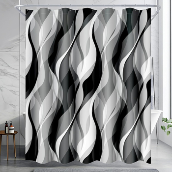 Valge ja hall vannitoa dušikardin, valge ja must dušikardin, kangas, moodne abstraktne triip, minimalism, vannitoa kardin