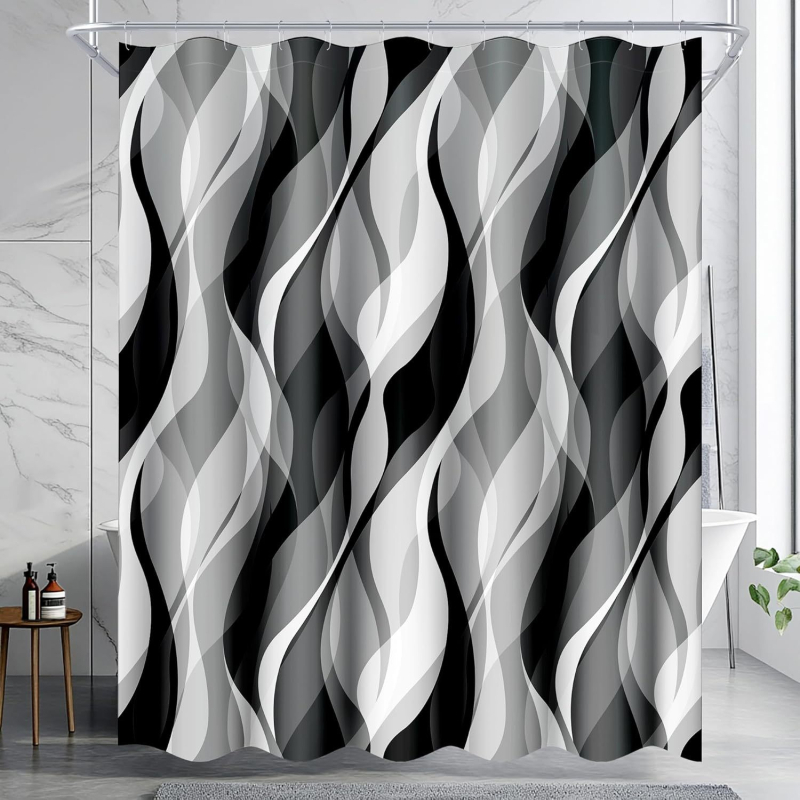 Valge ja hall vannitoa dušikardin, valge ja must dušikardin, kangas, moodne abstraktne triip, minimalism, vannitoa kardin