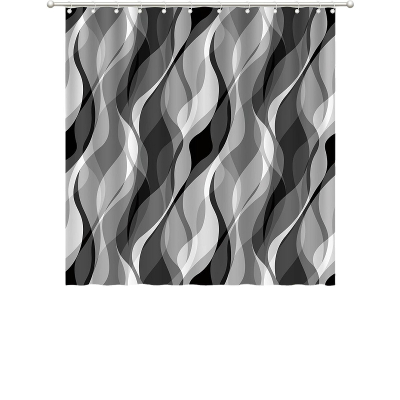 Valge ja hall vannitoa dušikardin, valge ja must dušikardin, kangas, moodne abstraktne triip, minimalism, vannitoa kardin