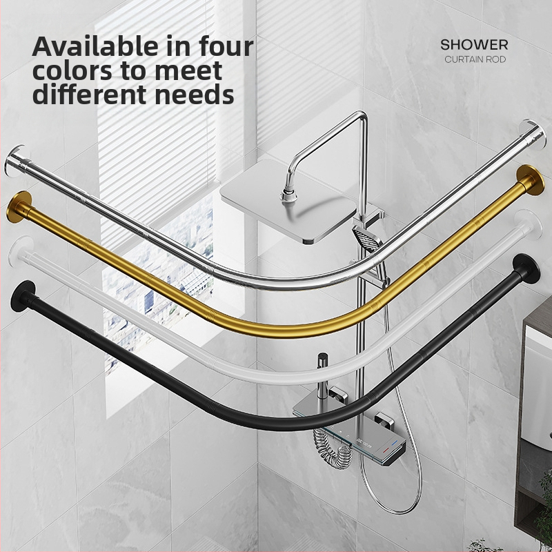 Извита завеса за душ за баня, без перфоратори, L-образна полу-U-образна телескопична завеса за душ от неръждаема стомана, ветрилообразна завеса за душ, сушилня за дрехи