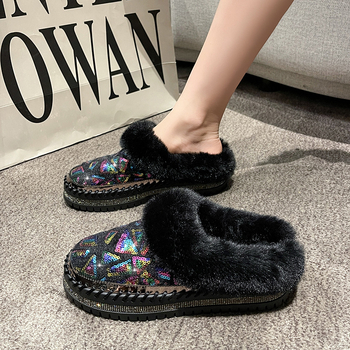Παντόφλες Baotou Plus Size για γυναικεία εξωτερική ένδυση, Φθινόπωρο και Χειμώνας 2025, Νέες ζεστές παντόφλες με πούλιες και τακούνι, χωρίς τάκουνα, από γούνα Lazy