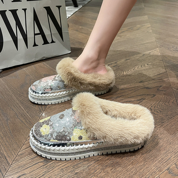 Παντόφλες Baotou Plus Size για γυναικεία εξωτερική ένδυση, Φθινόπωρο και Χειμώνας 2025, Νέες ζεστές παντόφλες με πούλιες και τακούνι, χωρίς τάκουνα, από γούνα Lazy