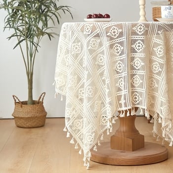 Față de masă rotundă în stil american, stil pastoral, din bumbac țesut, cu dantelă, croșetat gol, cu ciucuri, stil francez vintage, față de masă mică