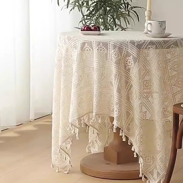 Față de masă rotundă în stil american, stil pastoral, din bumbac țesut, cu dantelă, croșetat gol, cu ciucuri, stil francez vintage, față de masă mică