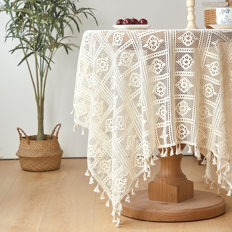 Față de masă rotundă în stil american, stil pastoral, din bumbac țesut, cu dantelă, croșetat gol, cu ciucuri, stil francez vintage, față de masă mică