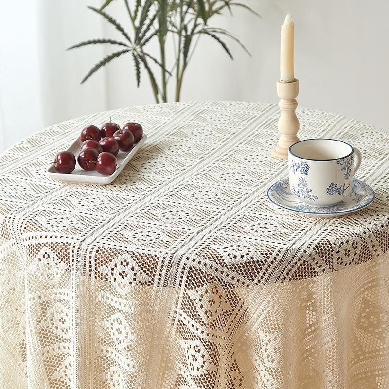 Față de masă rotundă în stil american, stil pastoral, din bumbac țesut, cu dantelă, croșetat gol, cu ciucuri, stil francez vintage, față de masă mică