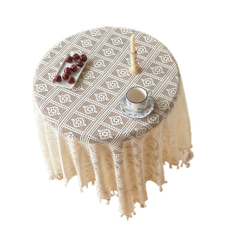 Față de masă rotundă în stil american, stil pastoral, din bumbac țesut, cu dantelă, croșetat gol, cu ciucuri, stil francez vintage, față de masă mică