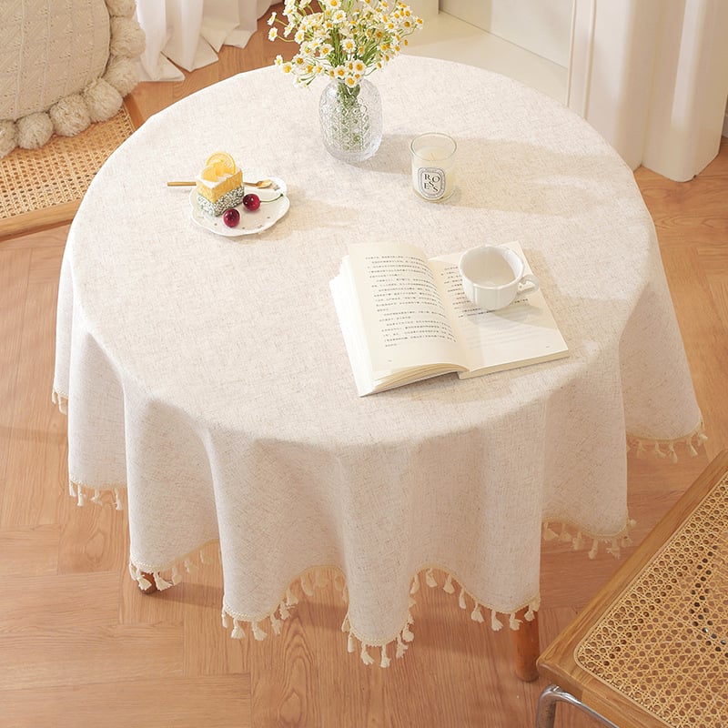 Față de masă rotundă în stil american, stil pastoral, din bumbac țesut, cu dantelă, croșetat gol, cu ciucuri, stil francez vintage, față de masă mică