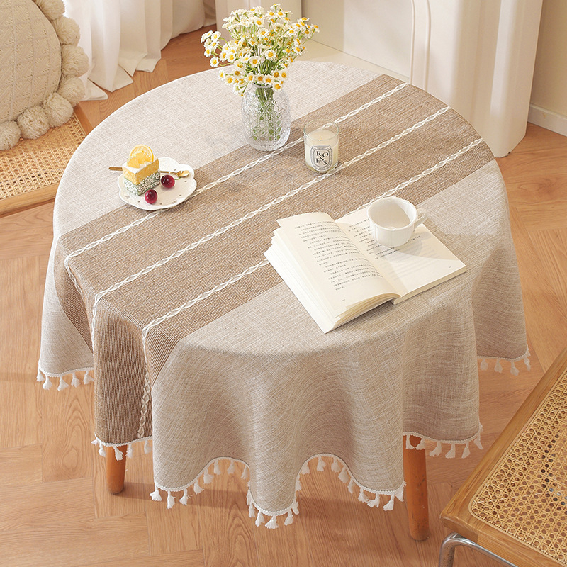 Față de masă rotundă în stil american, stil pastoral, din bumbac țesut, cu dantelă, croșetat gol, cu ciucuri, stil francez vintage, față de masă mică