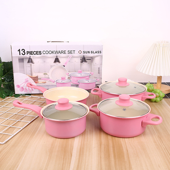 Užsienio prekybos eksporto puodai ir keptuvės, 13 dalių nepridegančios keptuvės sriubai, pieno puodui, spalvotai dėžutei, verslo dovanos, gamintojai, didmeninė prekyba