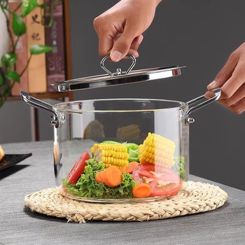 Karščiui atsparus stiklinis dvigubas permatomas sriubos puodas virtuvei, buitinis, aukštos borosilikatinio stiklo, nerūdijančio plieno rankenos, makaronų sriubos puodas, troškinys