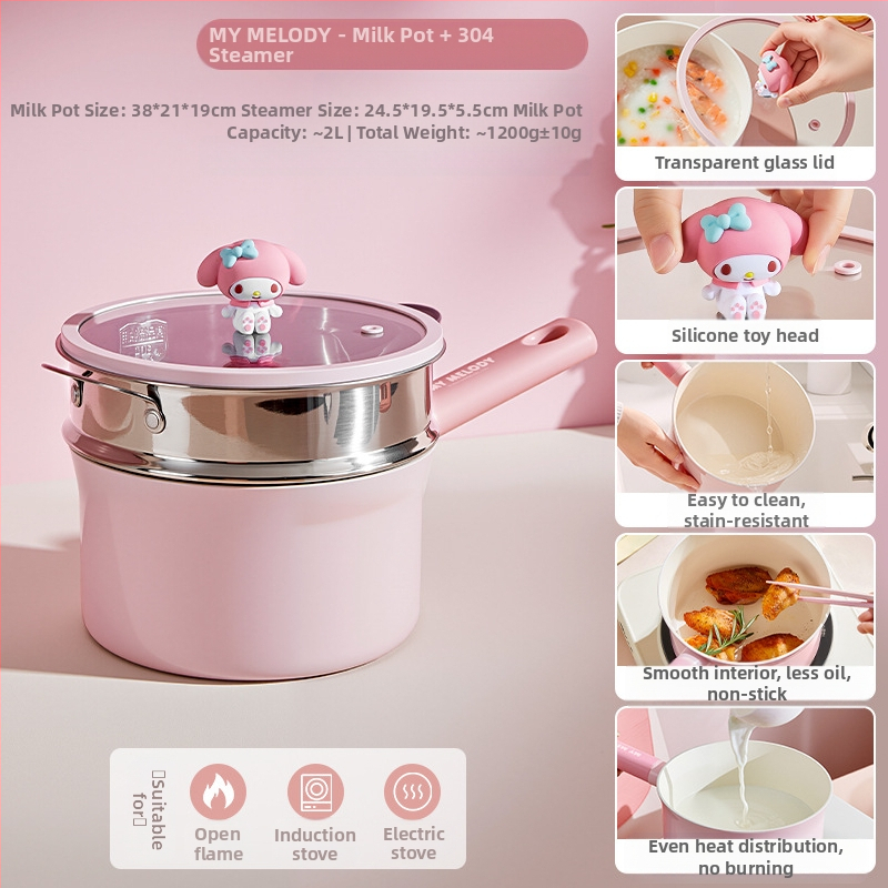 „Sanrio“ daugiafunkcis pieno puodas, nelimpantis puodas, specialus maisto papildų puodas kūdikiams ir mažiems vaikams, sriubos puodas, garinimo ir virimo „viskas viename“ greito paruošimo makaronų puodas
