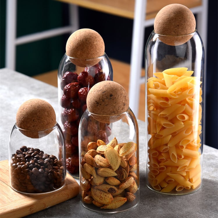 Borcan sigilat din plută, în stil japonez, sferic, din sticlă, sigilat, pentru bucătărie, borcan de depozitare, pentru boabe de cafea, borcan transparent din sticlă