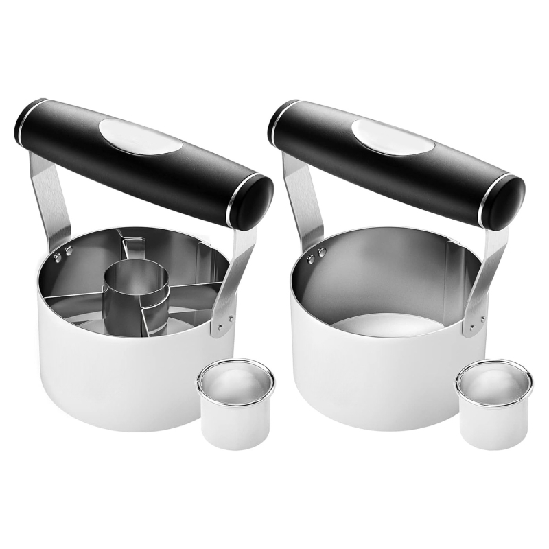 „Amazon“ nerūdijančio plieno pyrago sausainių formos didmeninė spurgų pjaustymo forma su minkšta rankena, apvali virtuvės kepimo presas