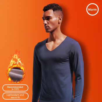 Vyriški besiūliai terminiai apatiniai viršutiniai V formos iškirpte, žieminiai, su vilnos pamušalu, aptempti, ploni marškinėliai, rudens drabužiai, medvilninis megztinis, atsparus šalčiui