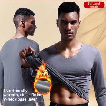 Vyriški besiūliai terminiai apatiniai viršutiniai V formos iškirpte, žieminiai, su vilnos pamušalu, aptempti, ploni marškinėliai, rudens drabužiai, medvilninis megztinis, atsparus šalčiui