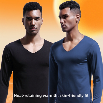 Vyriški besiūliai terminiai apatiniai viršutiniai V formos iškirpte, žieminiai, su vilnos pamušalu, aptempti, ploni marškinėliai, rudens drabužiai, medvilninis megztinis, atsparus šalčiui