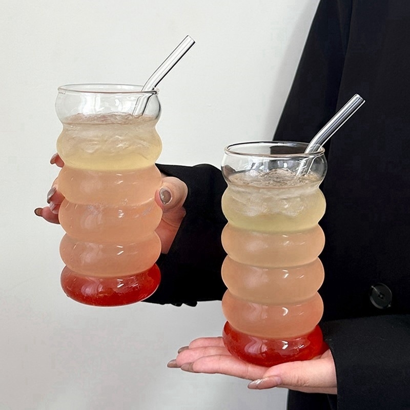 Nagy értékű, kézzel fújt hernyópohár hullámosított üveg tejeskávéspohár aranyos spirálhurkos kávéspohár