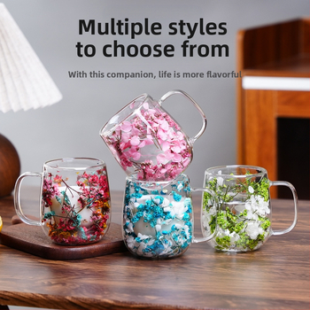 Stílusos új, valódi virágos szárított virágú, kétrétegű boroszilikát üveg irodai bár Home Mark kávéscsésze