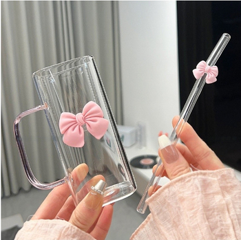 Τετράγωνο ποτήρι από γυαλί Ins Style με λαβή, υψηλή εμφάνιση, αντοχή σε υψηλή θερμοκρασία, χαριτωμένο ροζ ποτήρι από άχυρο νεράιδας