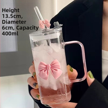 Τετράγωνο ποτήρι από γυαλί Ins Style με λαβή, υψηλή εμφάνιση, αντοχή σε υψηλή θερμοκρασία, χαριτωμένο ροζ ποτήρι από άχυρο νεράιδας