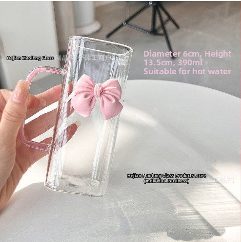 Стъклена чаша с квадратна панделка и дръжка, висок външен вид, устойчивост на висока температура, сладка чаша с розова сламка от фея