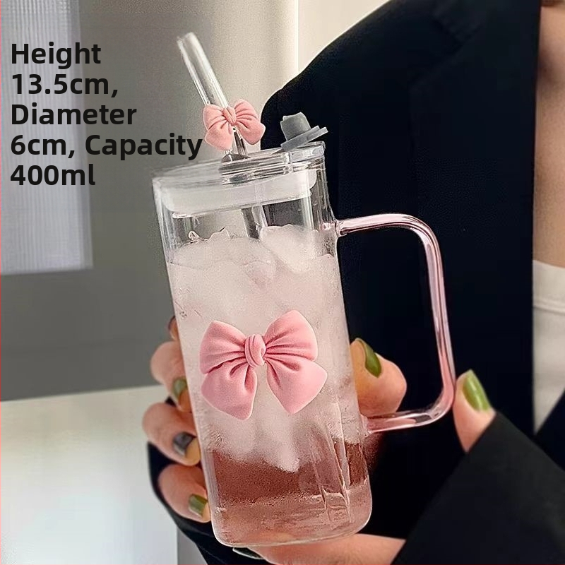 Стъклена чаша с квадратна панделка и дръжка, висок външен вид, устойчивост на висока температура, сладка чаша с розова сламка от фея