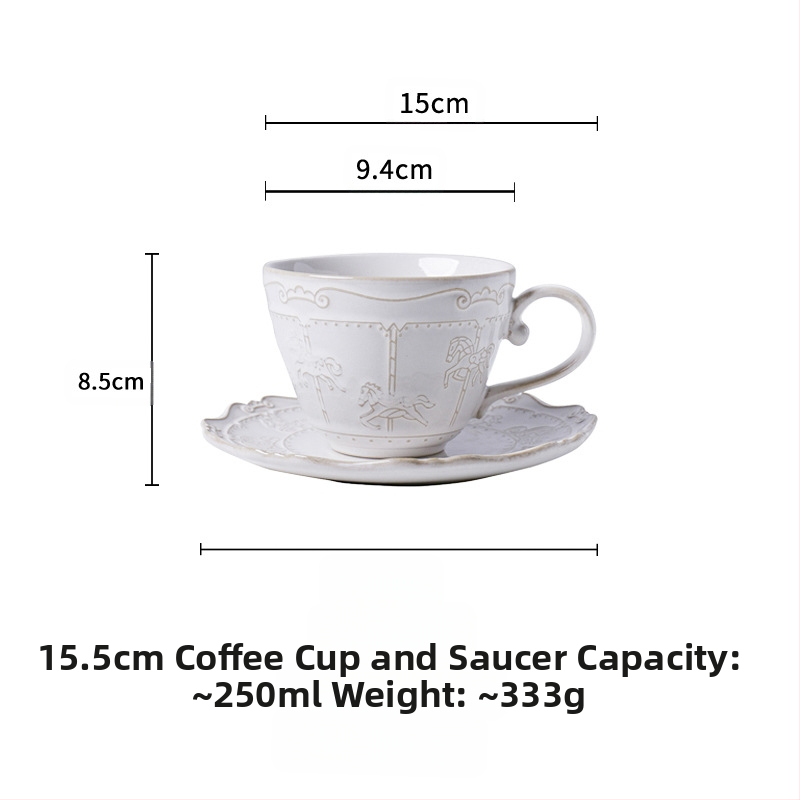 Prantsuse stiilis reljeefne vintage ahjuvahetuskarussell keraamiline kohvitass ja alustass pärastlõunatee tass ja alustass tõmmatav lillekruus